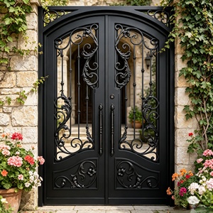 Porte double manuelle en fer forgé moderne avec verre trempé, porte d'entrée ornée forgée à la main pour villa et maison de luxe - Product Image 6