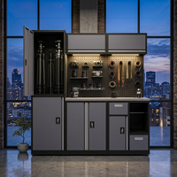 Système de rangement modulaire moderne pour outils et équipements, idéal pour collection de caméras et affichage LED dans les lofts urbains