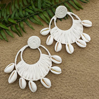 Tissé à la main concepteur cerceau coquille raphia macramé boucles d'oreilles pour femmes bohême coquille ronde grandes boucles d'oreilles géométrique exagéré bijoux