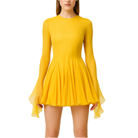 Robe Courte Unie en Mousseline Froncée à Manches Longues pour Femme – Printemps, Été, Automne – Décontractée, Quotidienne, Douce, avec Fermetures Éclair – Idéale pour Tenues Formelles