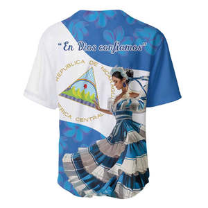 Maillot <span class=keywords><strong>de</strong></span> baseball « Felices Fiestas Patrias Nicaragua » pour filles, vente en gros, chemises <span class=keywords><strong>de</strong></span> baseball culturelles nicaraguaines à boutons - Product Image 3