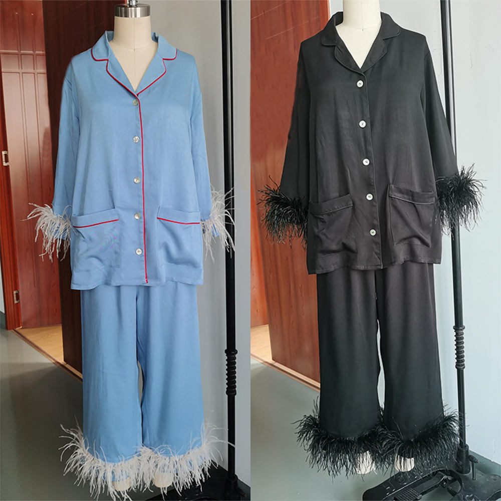 2021 роскошные женские пижамы из двух предметов с перьями, одежда для сна из вискозы, пижамный комплект с перьями страуса