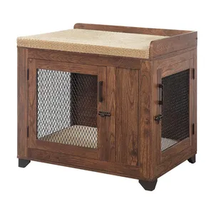 Dog Crate End Table, Mesh Wooden Pet Crate with Double Doors and Pet Bed
