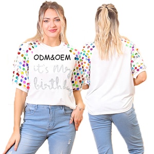 WINGTU Custom Logo Puff Sleeve Embroidered <strong>Glitter</strong> Sequin <strong>Ladies</strong> Blouse <strong>Tops</strong> Womens Tshirts - Product Image 1