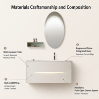 Meuble-lavabo mural simple pour salle de bain, style moderne, avec miroir LED et armoire flottante murale, prix usine, pour hôtel