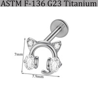 Piercing d'oreille tendance en alliage de titane F136 G23, motif oreilles de chat, zircon incrusté, barre plate à filetage interne
