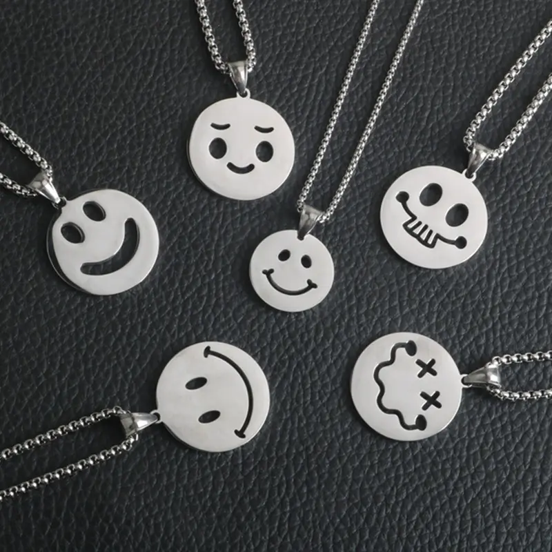 Trendy Hiphop Happy Smile Face Jewelry Wholesale Stainless Steel Simple Smiley Face Pendant Necklace For Men Women