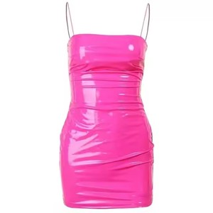 knee length dresses for ladies Bright Pink Strapless Summer Faux Leather Mini Dress L / Burgundy main image 1