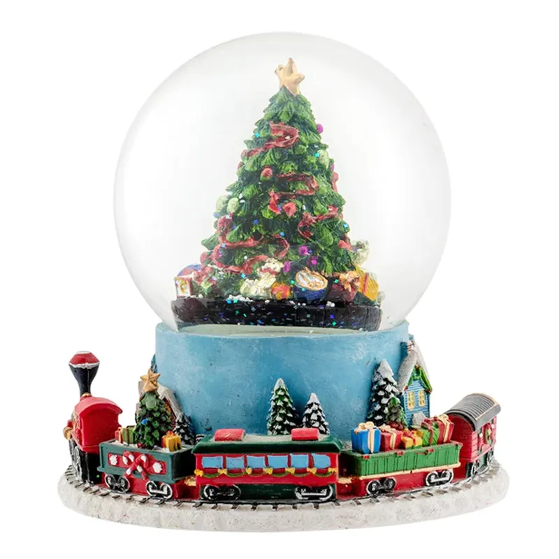 Nuovo stile regalo decorazione souvenir merry Christmas tree village snow globe con casa interna e treno su base girevole