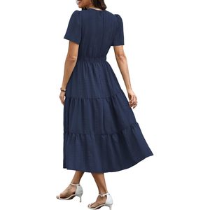 Abito Midi Casual da Donna a Maniche Corte con Scollo a V, Vita Elastica, Balze a Trapezio, Vestito da Vacanza con Tasche in Tessuto Traspirante S - Product Image 5