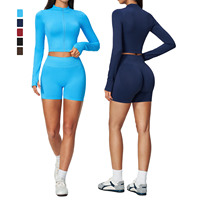 Ensemble de yoga sans couture pour femme : veste de sport courte entièrement zippée, short de course respirant à effet froncé et contrôle du ventre, tenue de fitness douce