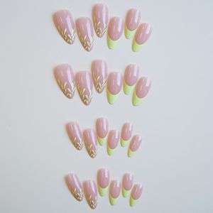 <span class=keywords><strong>Faux</strong></span> ongles à presser moyens en forme d'amande, rose nude avec French manucure vert néon, couvrance totale, brillants, avec accent feuille - Product Image 4