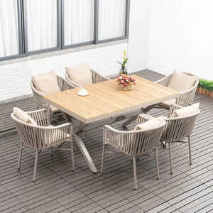 AJUNION Aluminium Tuinmeubilair 6-persoons Eettafelset Kunststof Houten Blad Eettafel Kunststof <span class=keywords><strong>Rattan</strong></span> Armstoel Tuin Eettafelset - Product Image 5