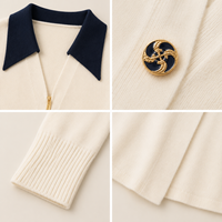 Cardigan sur mesure 100% laine, col marine, style enveloppant, boutons dorés, ivoire, élégant pour femme