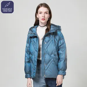 Yufan Professional Custom ized Peacock Blue Glänzende Daunen jacke Winter Damen Daunen jacke Kapuzen Daunen mantel