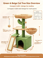 Tour pour chat compacte vert beige en forme de cactus avec rampe à gratter en sisal, hamac, niche fermée et perchoir de fenêtre, mobilier d'intérieur pour chat