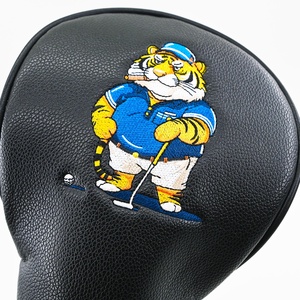 Golf Headcover <b>Black</b> Lychee Leather Tiger Embroidery Driver Fairway Wood Hybrid <b>Head</b> Cover in Stock - Product Image 5