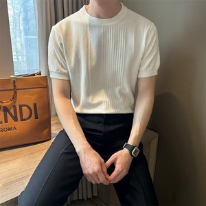 T-shirt blanc en tricot à manches courtes pour homme, coupe ajustée, couleur unie, vêtements d'été pour jeunes - Product Image 2