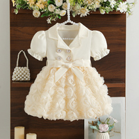 Robe bébé fille printemps-été abricot à double boutonnage, col à revers, manches courtes bouffantes, ceinture et jupe à fleurs roses en 3D