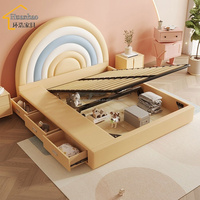 Lit double moderne pour enfants, motif arc-en-ciel, cadre en tissu, bois de pin, cuir souple, sommier réglable, 120x190/150x190cm, chambre à coucher