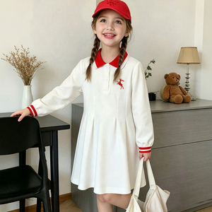 <span class=keywords><strong>Robe</strong></span> classique pour petites filles, blanche, à manches longues, col polo rouge, imprimé dessin animé, plissée, tenue décontractée pour l'école, personnalisable - Product Image 1
