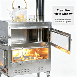 Estufa de Leña Portátil para Camping de Acero Inoxidable 304 OEM con Horno, Ventana de Vidrio, Patas Plegables y 5 Tubos de Chimenea - Product Image 3