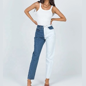 Jeans Mom bicolores <span class=keywords><strong>taille</strong></span> <span class=keywords><strong>haute</strong></span> de couleur blanche et bleue personnalisés à la mode féminine - Product Image 4