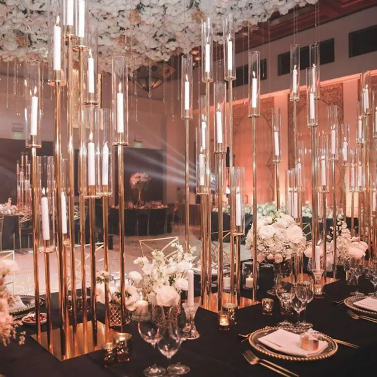 Neueste Dinner Party Geometrische Dekoration Metall Gold Kerzenhalter Hochzeit Kandelaber