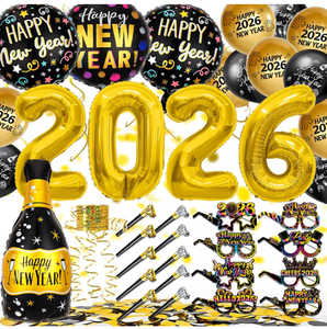 ลูกโป่งฟอยล์แชมเปญปี 2026 ลูกโป่งพิมพ์ลายคอนเฟตติ แว่นตา อุปกรณ์ประกอบฉากถ่ายรูป ของเล่นเสียงดัง ริบบิ้น สำหรับงานปาร์ตี้ฉลองปีใหม่ - Product Image 1