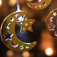 Guirnalda de Luces LED con Forma de Luna y Estrella, Faroles Colgantes de Hierro, Funciona con Batería, Decoración Dorada para Ramadán, Ventana del Hogar, Dormitorio