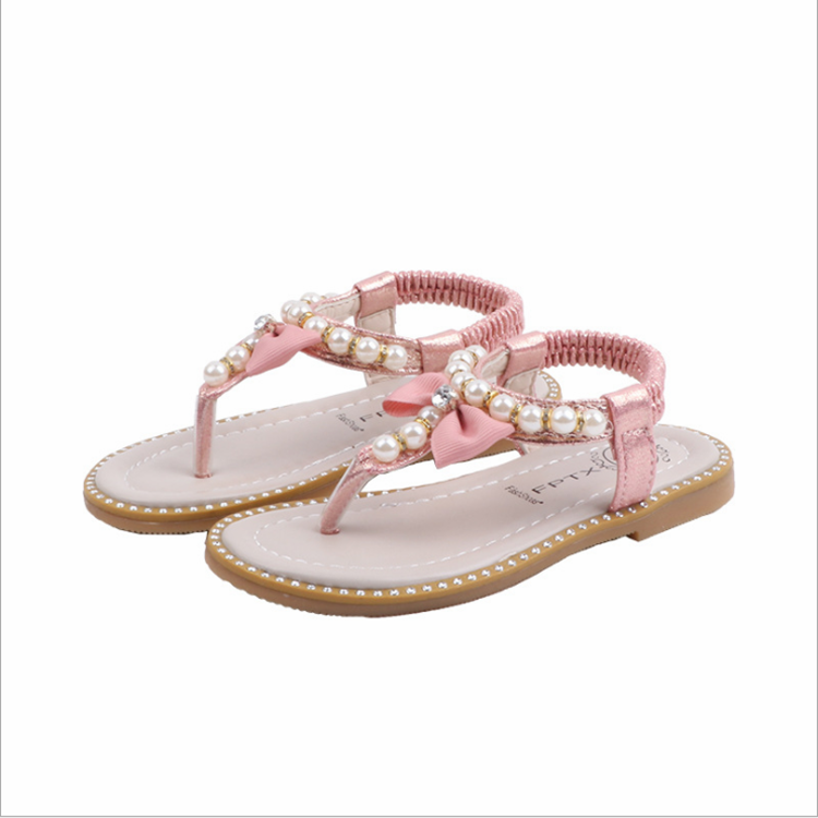 Новинка лета 2020, модные детские сандалии на плоской подошве с жемчугом для девочек, детская пляжная обувь с откидным носком, обувь принцессы с бантом