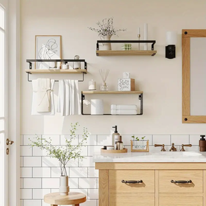 Étagères flottantes avec paniers de rangement en fil métallique, en bois et fer, style vintage farmhouse, pour cuisine, salle de bain, épices - Product Image 4