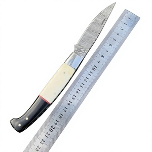 Damascus Folding Utility <b>Knife</b> Industrial Grade 3-Year Warranty <b>Bone</b> and Bull Horn <b>Handle</b> for Retailers - Product Image 1