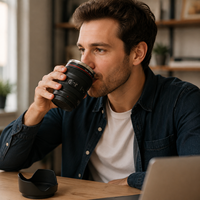 Mug à café personnalisé avec logo, 14 oz, en acier inoxydable à double paroi, isolé, anti-fuite, avec couvercle, en forme d'objectif d'appareil photo, idéal pour un cadeau