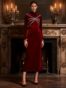 AELESEEN propia fábrica de <span class=keywords><strong>terciopelo</strong></span> elegante vestido acampanado para <span class=keywords><strong>mujer</strong></span> Midi negro Borgoña nuevo estilo industria pesada diseño incrustado de diamantes - Product Image 3