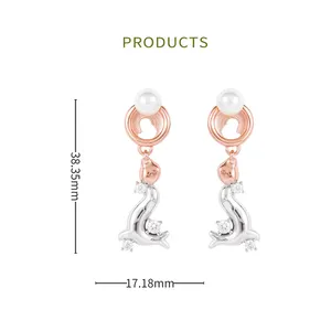 HAIKE Original 925 Sterling Silver Plated Gold Double Color Zircon Elegant Shell Pearl Dolphin Drop Earring For Women