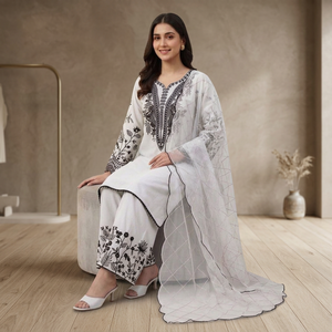 Trending White Black Straight Kurta Palazzo Suit 3 Piece Set Indian Pakistani Casual Party Wear Lawn Cotton Salwar Kameez Dress - Product Image 1