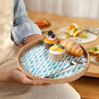 Plateau de service rond en rotin avec incrustation de nacre, à un seul niveau, style moderne et luxueux, pour la décoration de la maison et de l'îlot de cuisine