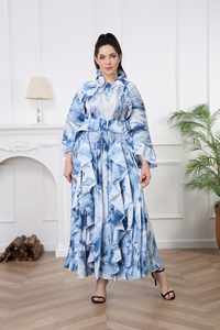 2024 Style chaud automne femmes Vintage imprimé fleuri <span class=keywords><strong>robe</strong></span> respirant écharpe col longue Lotus manches nœud plissé Maxi <span class=keywords><strong>robe</strong></span> - Product Image 2