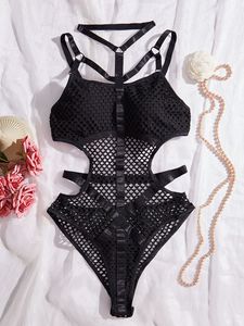 Bodysuit Lingerie Wanita Model Halter Grid Mesh dengan Sabuk Silang di Pinggang, Efek Membentuk Tubuh - Product Image 6