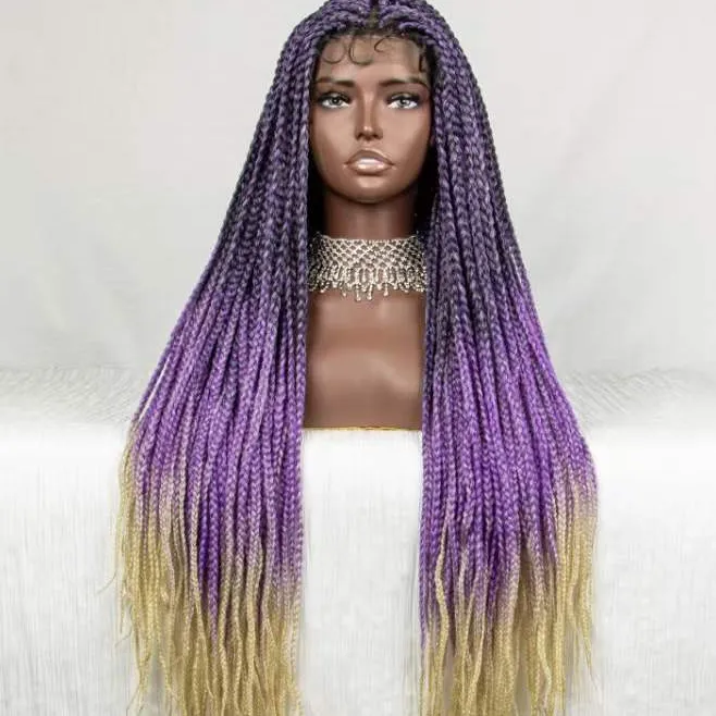 Wig Kepang Cornrow Depan Renda Penuh Sintetis Gaya Berbeda untuk Wanita Kulit Hitam, Grosir Wig Kepang Kotak Tanpa Lem Vendor