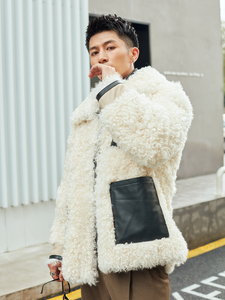 Cappotto in Pelliccia di Lana di Pecora Bianca Riccia alla Moda per <span class=keywords><strong>Uomo</strong></span> con Tre Tasche in <span class=keywords><strong>Pelle</strong></span> a Prezzo di Fabbrica - Product Image 5