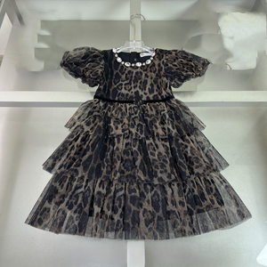 Abito da ballo in chiffon da <span class=keywords><strong>bambina</strong></span> di design con gonna a strati in rete con strass, maniche a sbuffo estive e stampa leopardata - Product Image 5