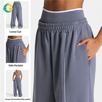 Pantalones de yoga de pierna ancha con ribete lateral, de peso pesado, corte holgado, cintura alta, con bolsillos laterales, para mujer, para gimnasio, fitness, entrenamiento, ropa deportiva