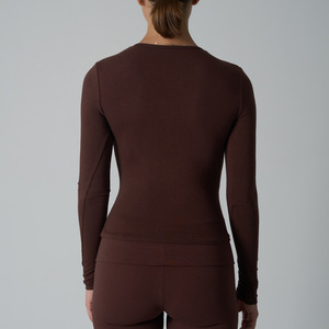 T-shirt basique à manches longues pour femme, 90 % coton, 10 % élasthanne, coupe ajustée très extensible, hauts de sport pour la gym - Product Image 4
