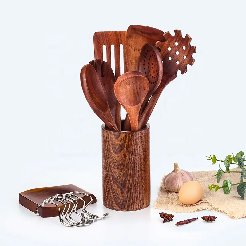 High quality Natural Teak Acacia Kitchen Accessories Cooking Tools Wooden Kitchen Utensils Cookware Wood Utensil Set for Home