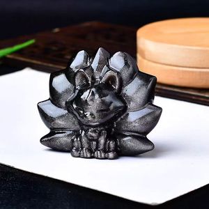天然風水シルバー黒曜石刻まれた9尾キツネ置物ホームデコレーションオーナメント - Product Image 4