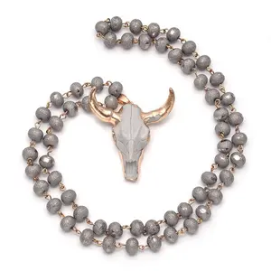 Creative cow bone cow head pendant crystal frosted beaded long choker necklace women