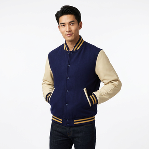 Men's Navy Beige 100% <b>Wool</b> Varsity Jacket Formal Style Turn-down Collar Button Front Regular Fit Winter Breathable Patchwork - Product Image 1