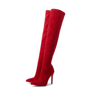 Botas de mujer de caña alta elásticas por encima de la rodilla con tacón fino y punta, color rojo intenso, para otoño e invierno 2025 - Product Image 6